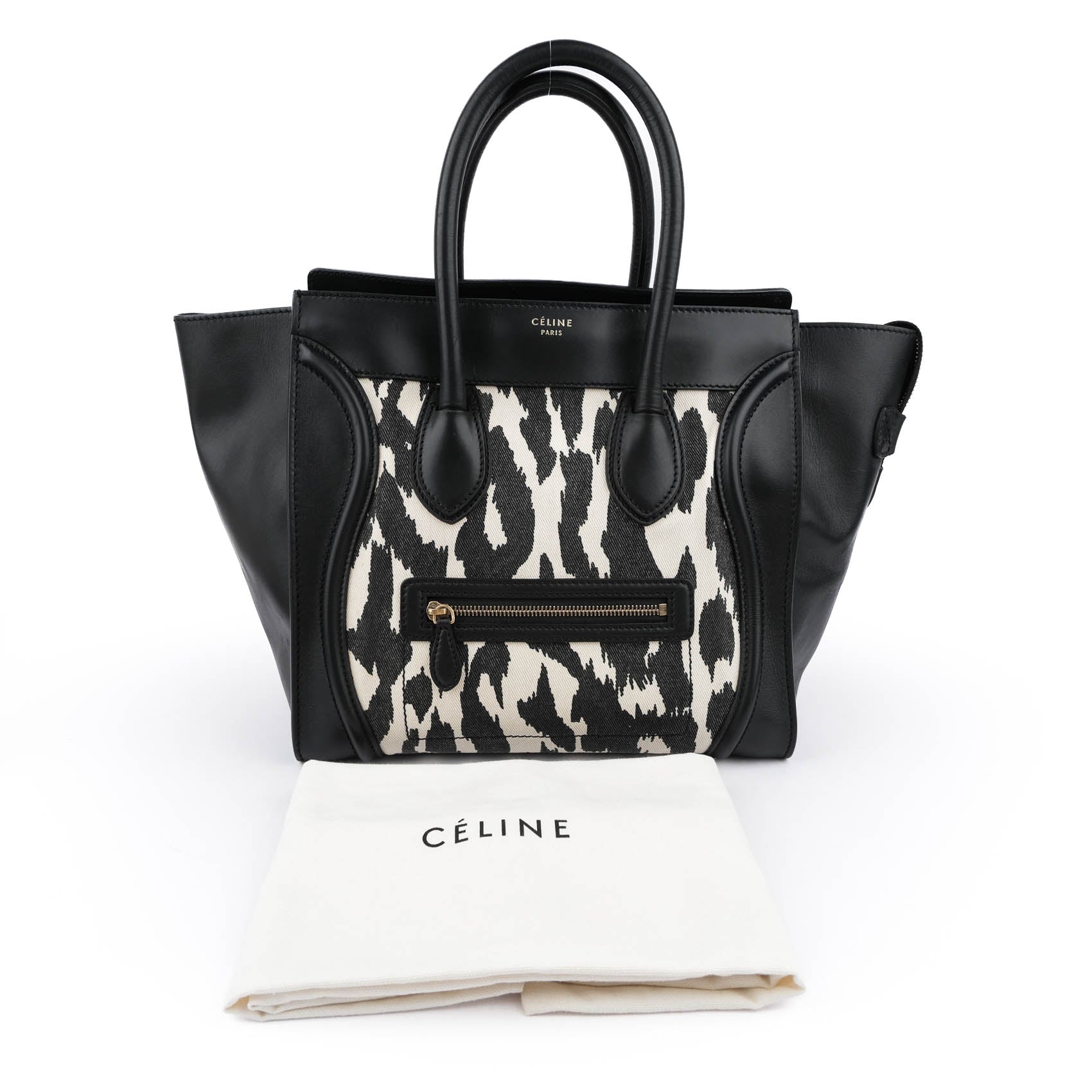 Celine Old Logo Luggage Large Shopper Tote Bag Abstract Leopard Canvas Black Leather
