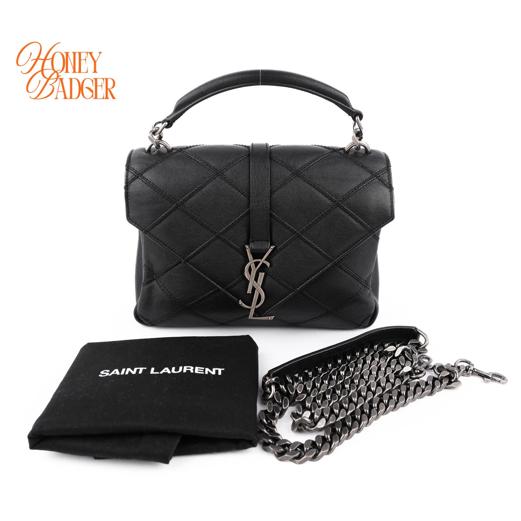 Saint Laurent Medium College Bag Rare Diamond Quilted Black Leather Silver Hardware