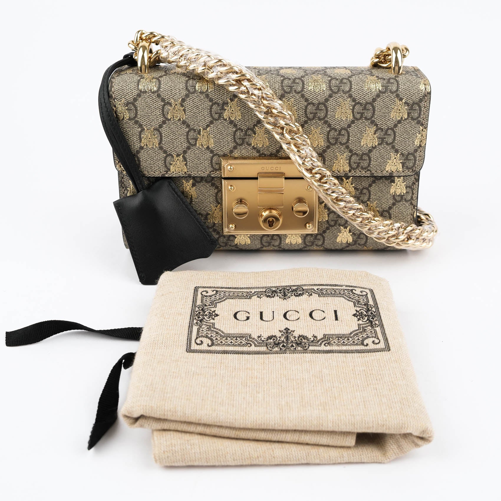 Gucci Padlock Small Shoulder Bag 409487 GG Supreme Gold Bee Print Beige Black