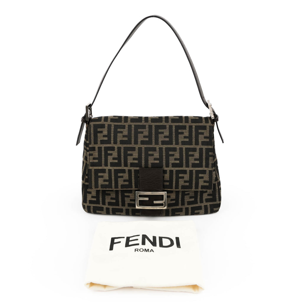 Fendi Zucca Canvas Mamma Baguette Shoulder Bag Tobacco Brown Leather Silver Hardware