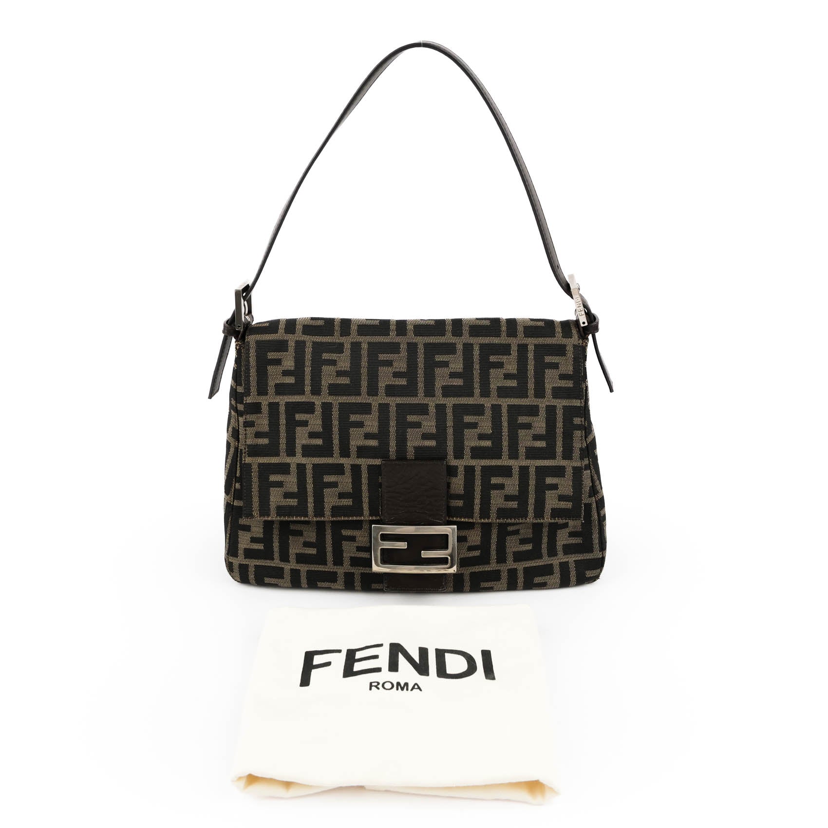 Fendi Zucca Canvas Mamma Baguette Shoulder Bag Tobacco Brown Leather Silver Hardware