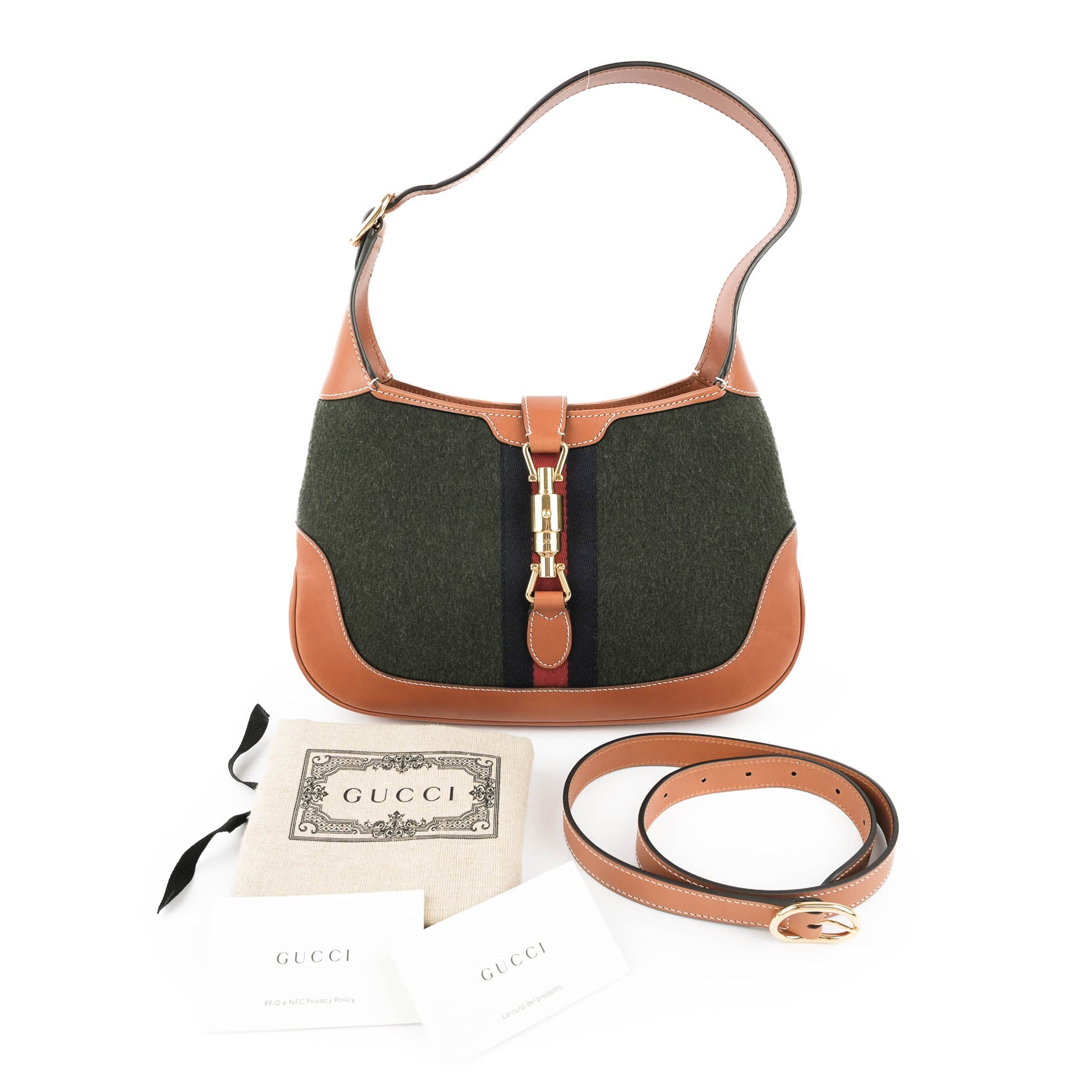 Gucci Jackie 1961 Small Shoulder Bag in Green Felt and Brown Leather