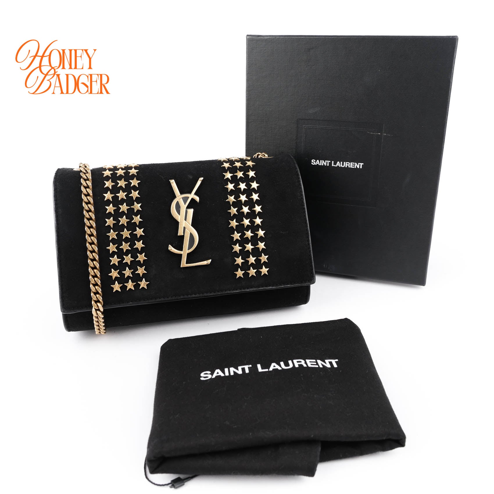Saint Laurent Suede Star Studded Small Kate Chain Bag - Black