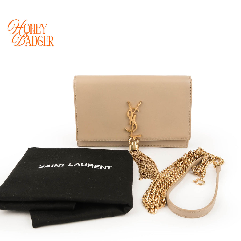 Saint Laurent Paris Kate Tassel Chain Wallet 452159 Smooth Leather Beige Gold Hardware