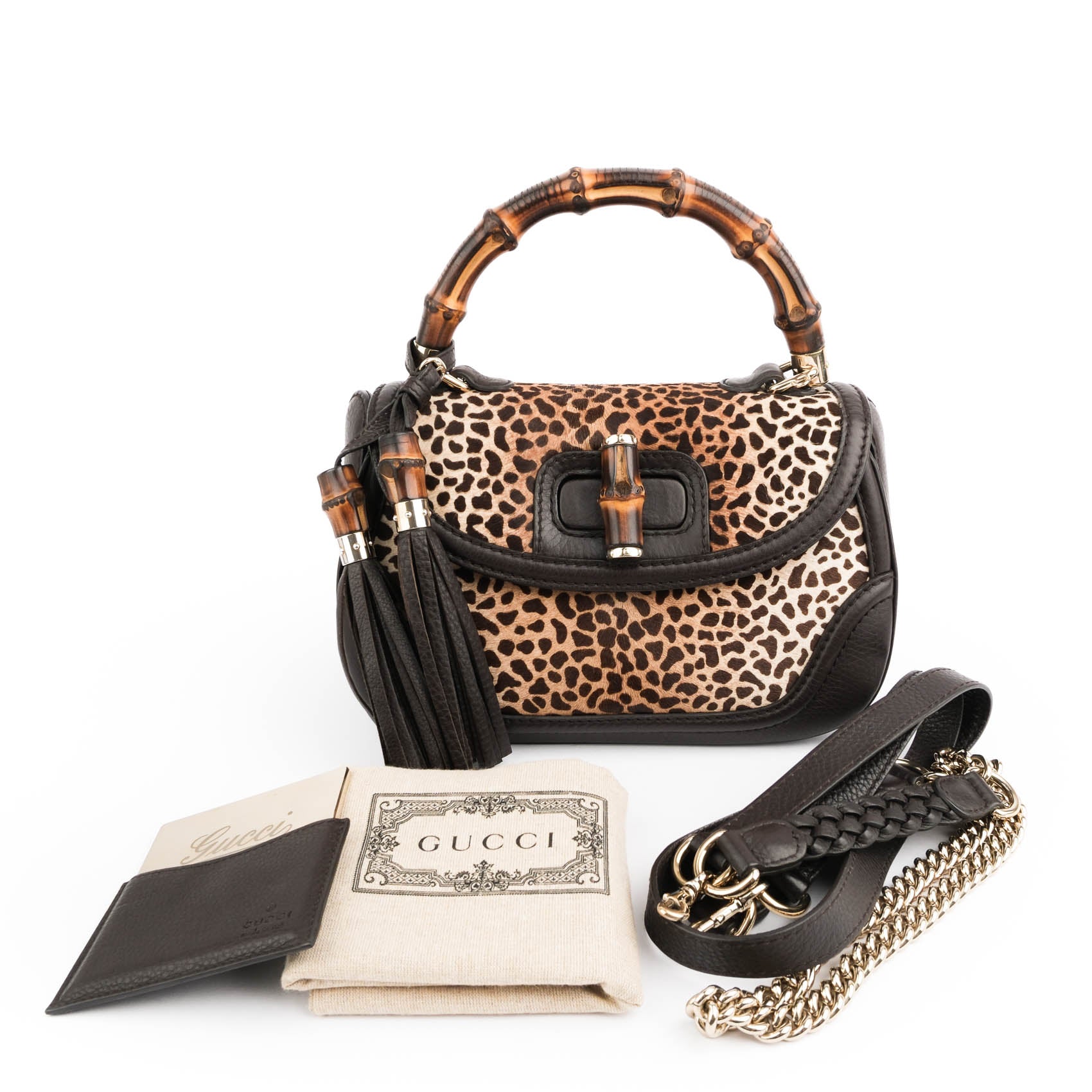 Gucci Bamboo Leopard Hair-Calf 2WAY Top Handle Bag