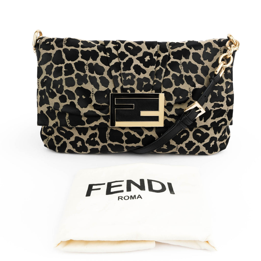 Fendi Large Baguette Leopard Canvas Shoulder Bag with Gold Hardware