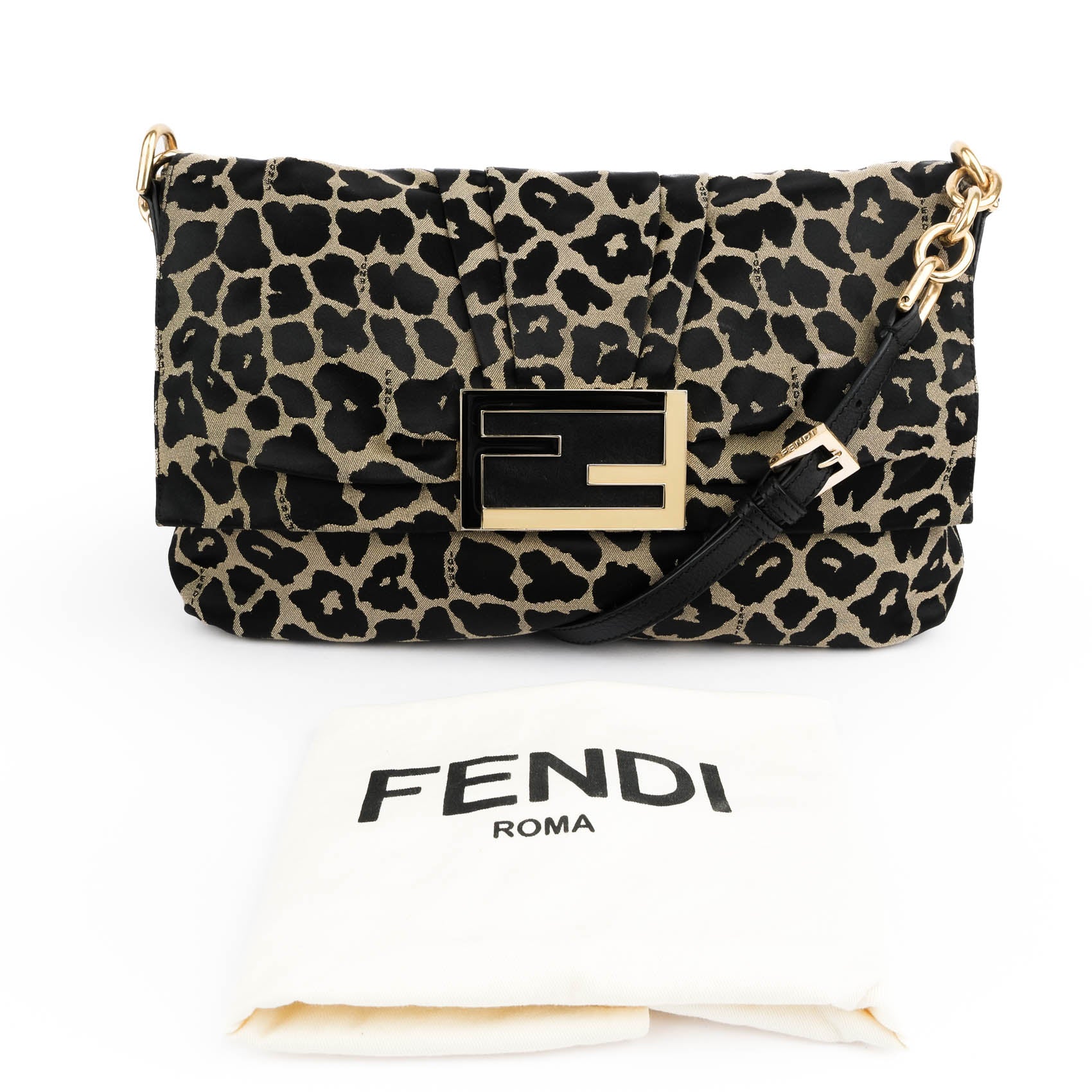 Fendi Large Baguette Leopard Canvas Shoulder Bag with Gold Hardware