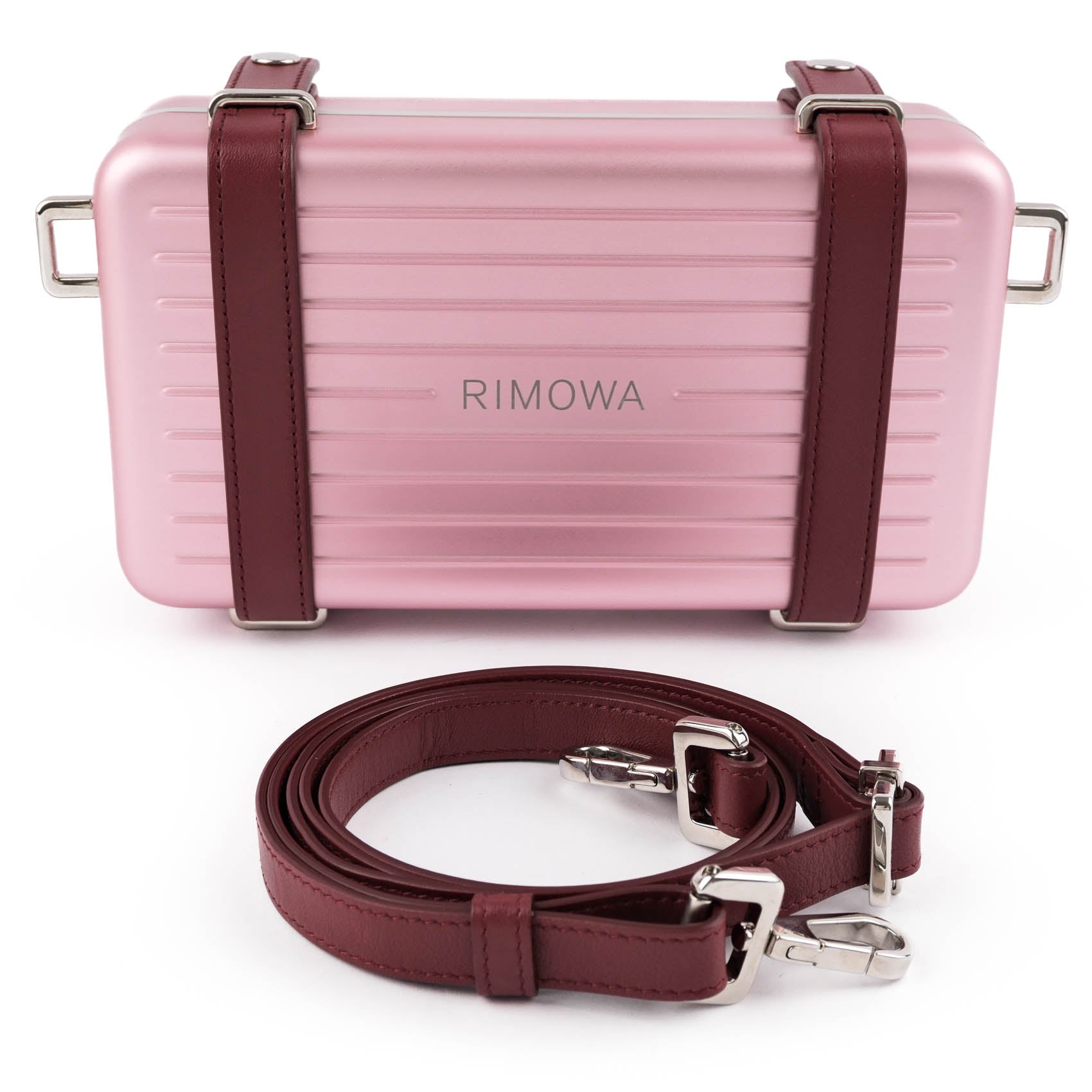 DIOR AND RIMOWA Personal Clutch on Strap in Rose Aluminum and Burgundy Leather