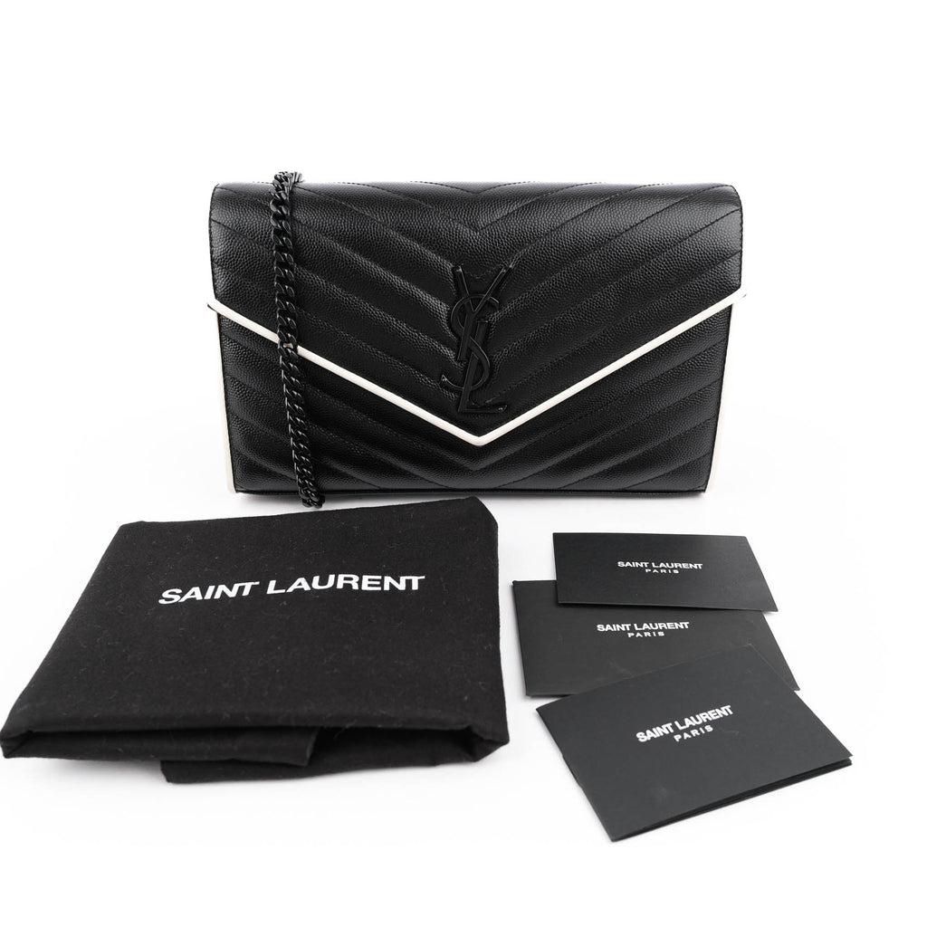 Saint Laurent Large Envelope Bag in Mix Matelassé Grain de Poudre Embossed Leather with White Piping and Black Hardware