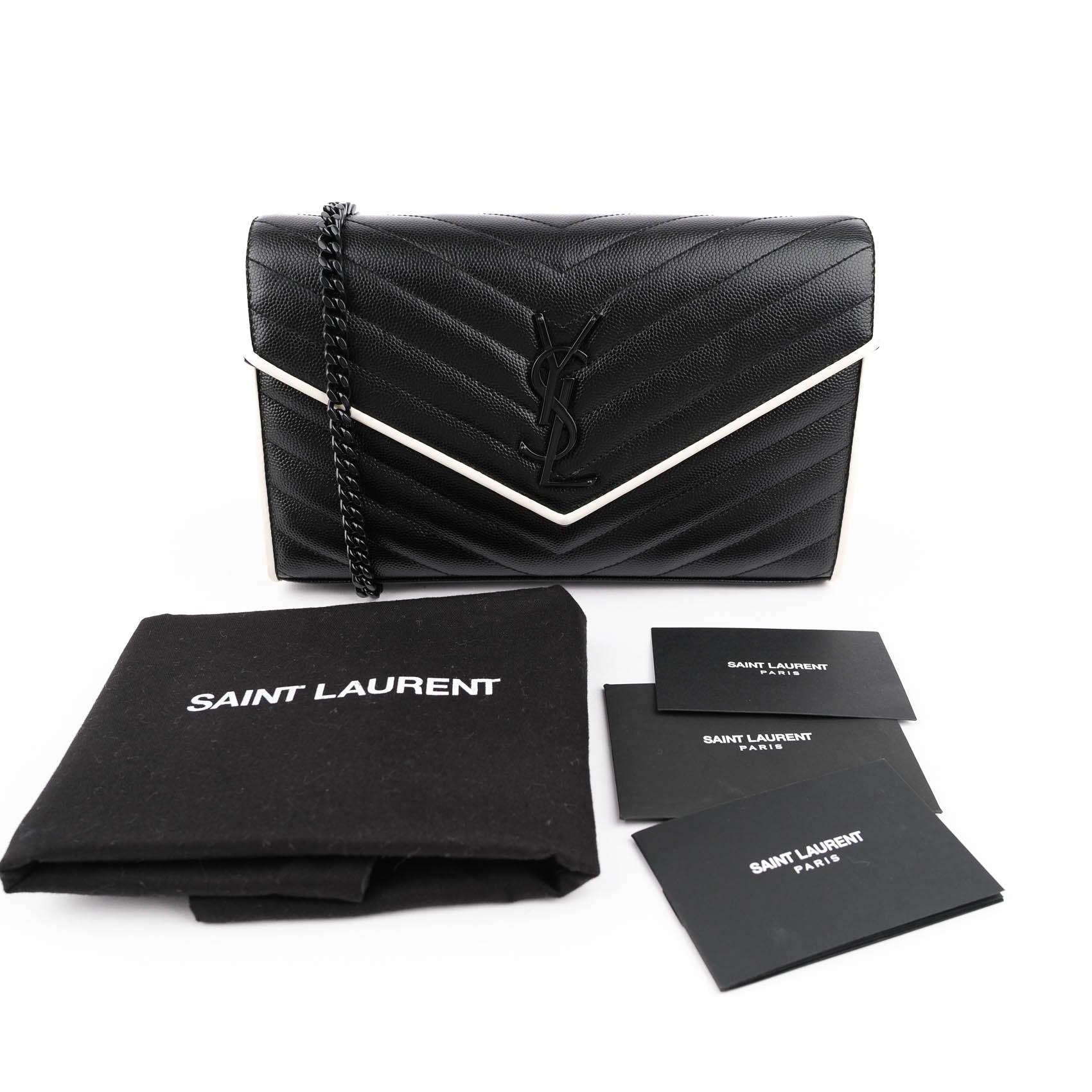 Saint Laurent Large Envelope Bag in Mix Matelassé Grain de Poudre Embossed Leather with White Piping and Black Hardware