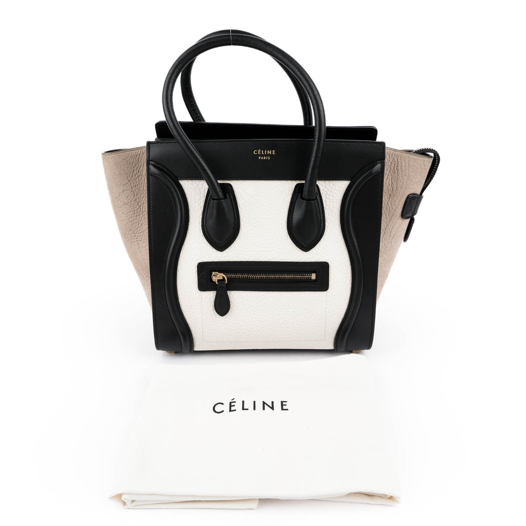 Celine Micro Luggage Tote Tricolor White Black Beige Leather Handbag