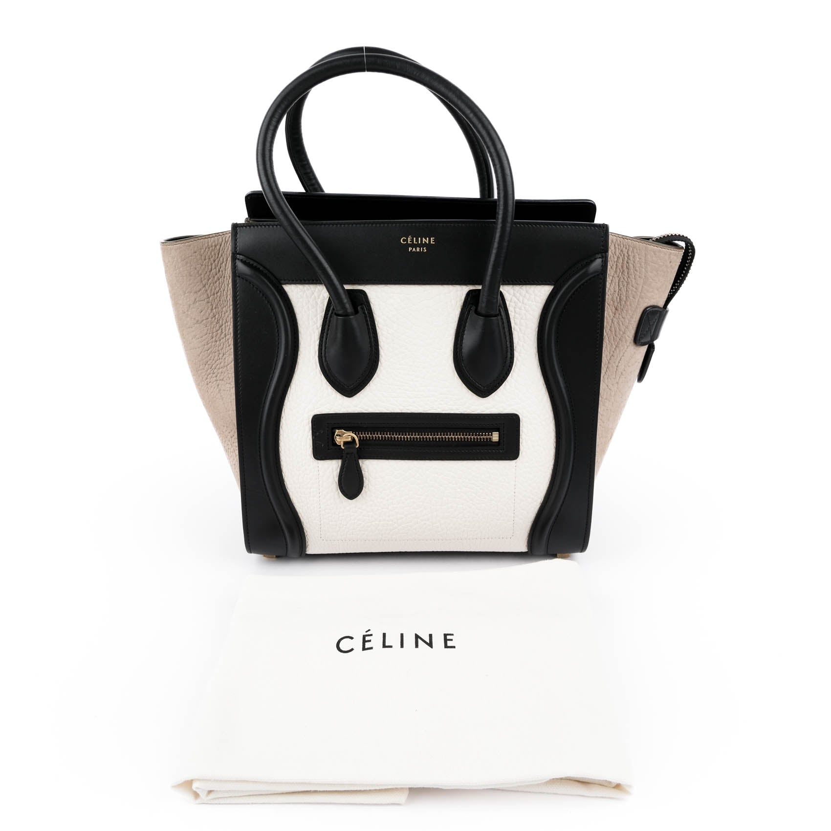 Celine Micro Luggage Tote Tricolor White Black Beige Leather Handbag