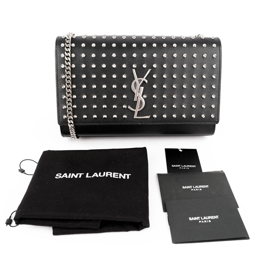 Saint Laurent Kate Medium Chain Shoulder Bag Black Grained Leather Round Studs Silver Hardware YSL Logo