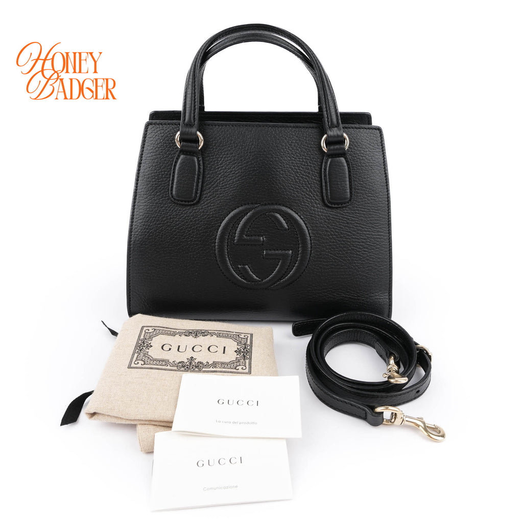 Gucci Soho Interlocking G Small Tote Bag Black Grained Leather 2WAY 607722