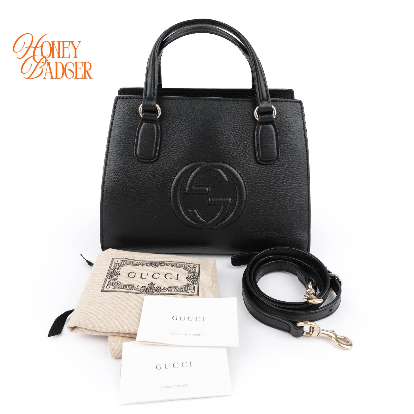 Gucci Soho Interlocking G Small Tote Bag Black Grained Leather 2WAY 607722