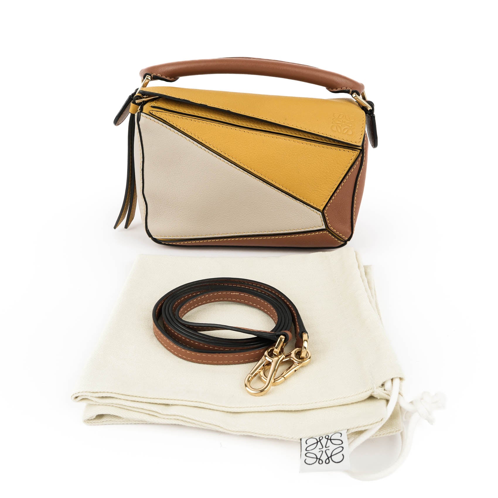 LOEWE Puzzle Bag Mini Brown Yellow Leather 2Way Shoulder Crossbody Handbag