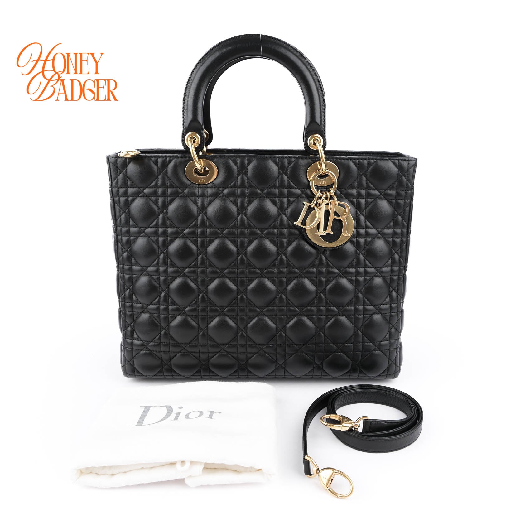 Christian Dior Lady Dior Large Cannage Black Lambskin Gold Hardware 2WAY Bag
