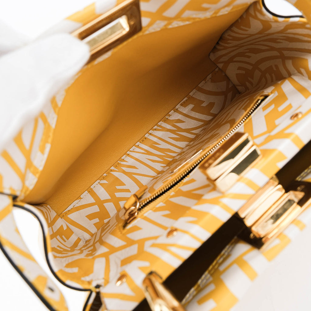 Fendi Mini Peekaboo 8BN244 Yellow White FF Print Leather 2WAY Top Handle Shoulder Bag