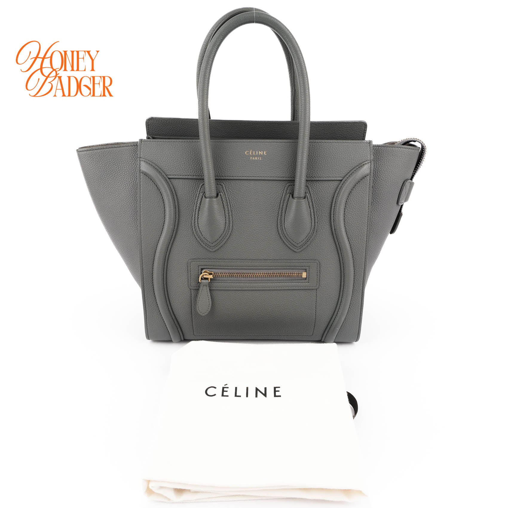 Celine Luggage Micro Shopper Grained Leather Gray Handbag Gold Hardware