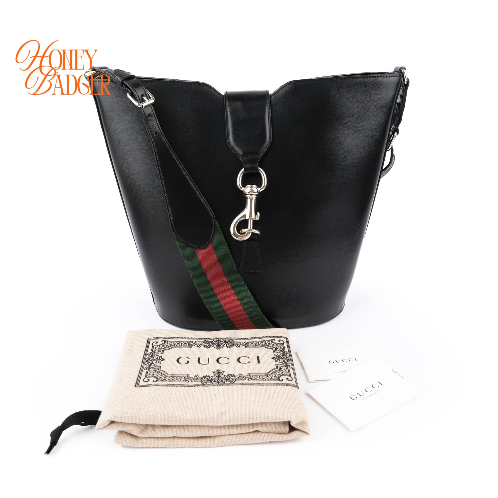 Gucci Jackie 1961 Small Bucket Bag Black Leather Web Strap Gold Hardware
