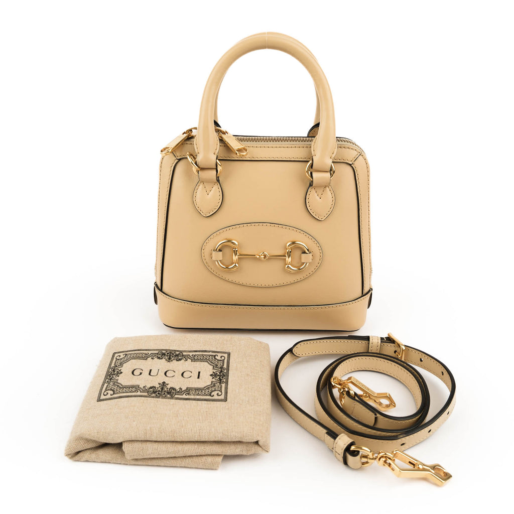 Gucci Horsebit 1955 Mini Top Handle Bag 640716 Smooth Leather Beige Gold Hardware 2-Way