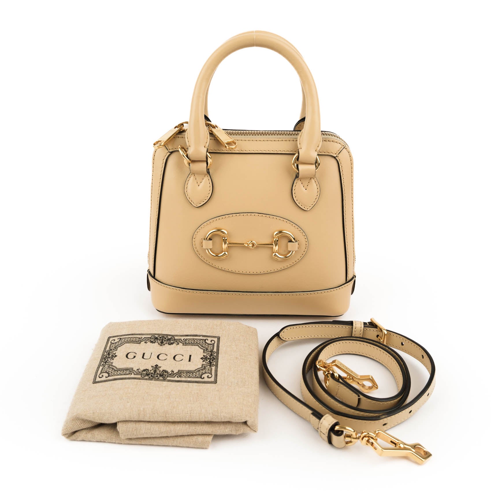 Gucci Horsebit 1955 Mini Top Handle Bag 640716 Smooth Leather Beige Gold Hardware 2-Way
