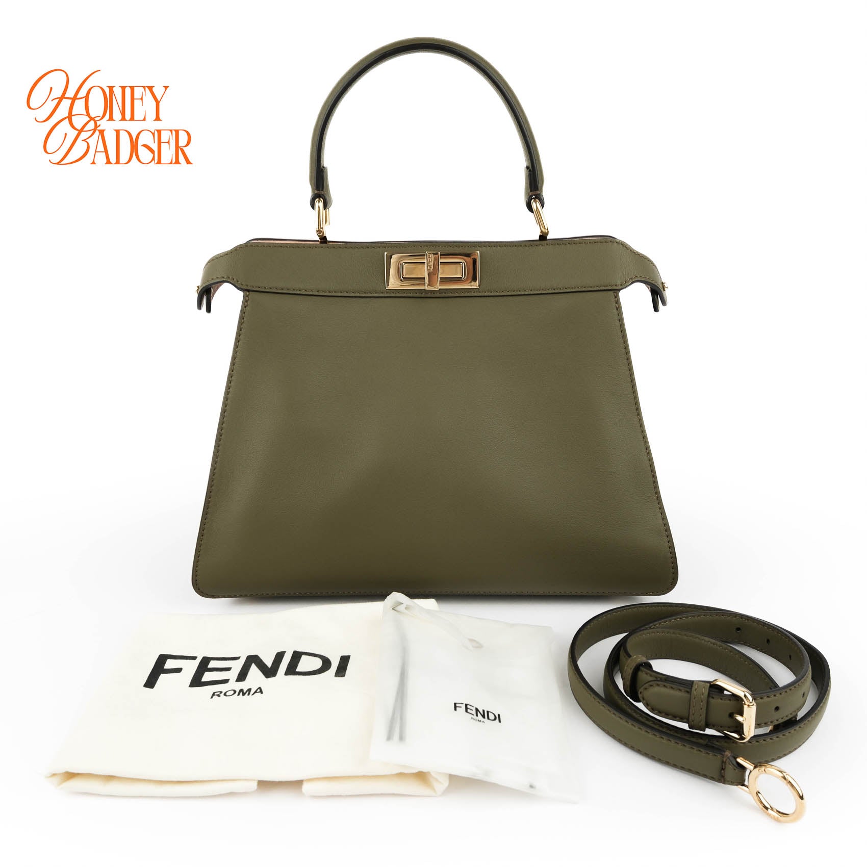 Fendi Peekaboo ISeeU Medium Olive Green Leather Gold Hardware 2WAY Bag 8BN321