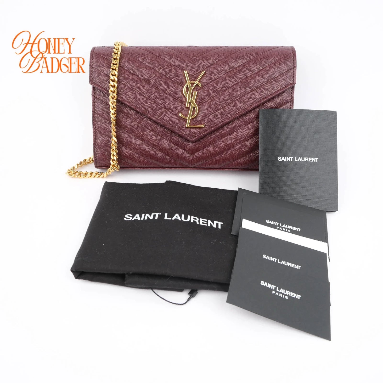 Saint Laurent Envelope Large Chain Wallet Caviar Leather Bordeaux Gold Hardware Rank A