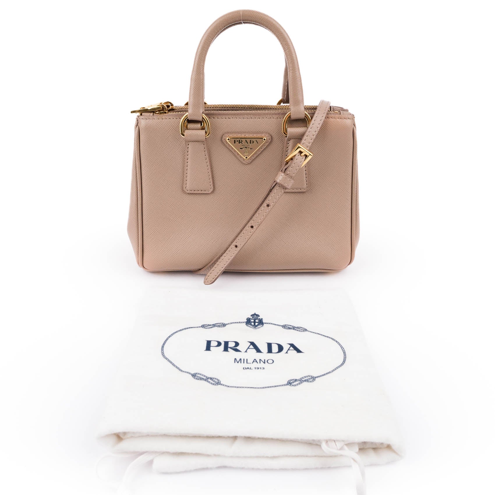 Prada Galleria Saffiano Mini 2-Way Handbag 1BA906 Beige Gold Hardware
