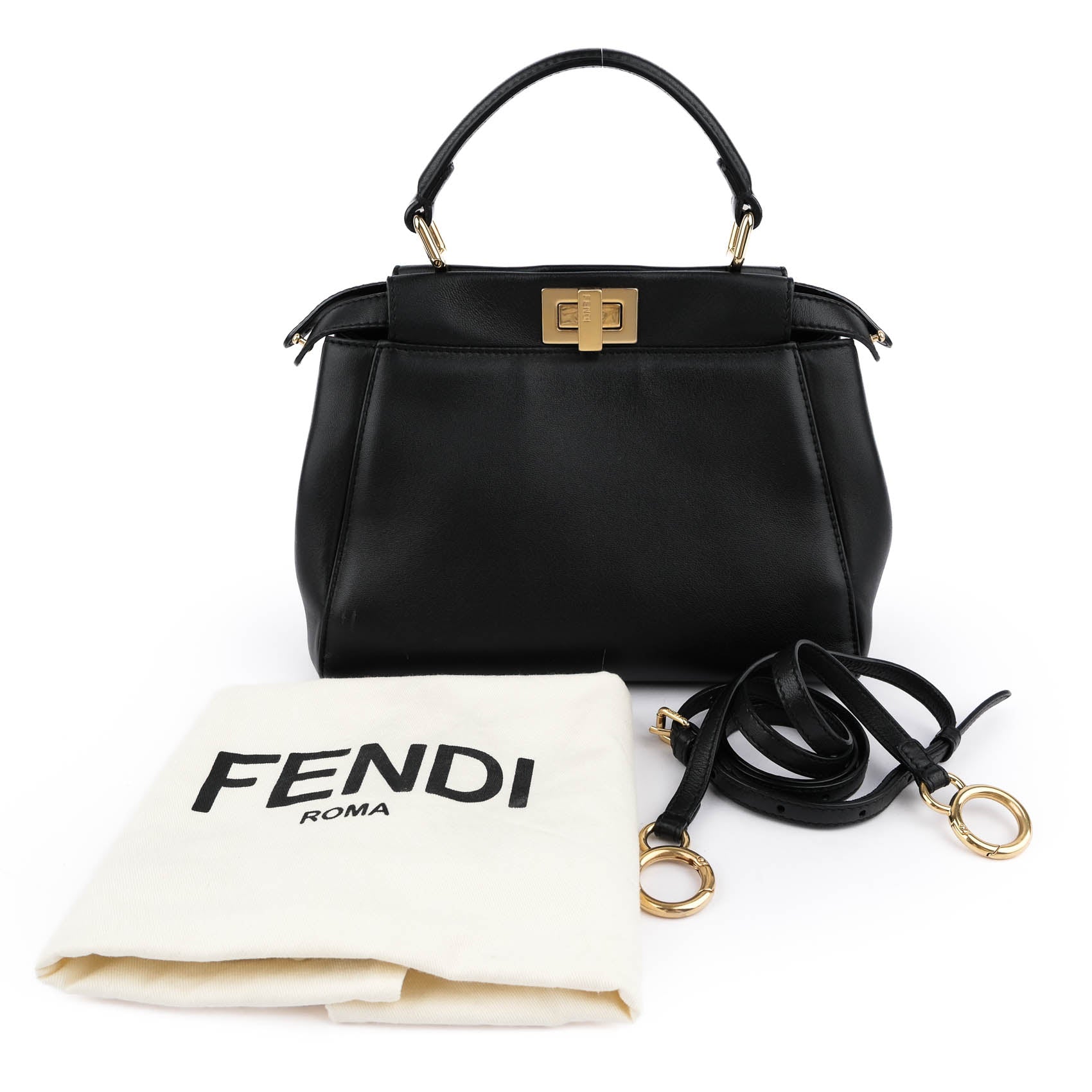 Fendi Peekaboo Mini 2Way Handbag Black Smooth Leather Gold Hardware