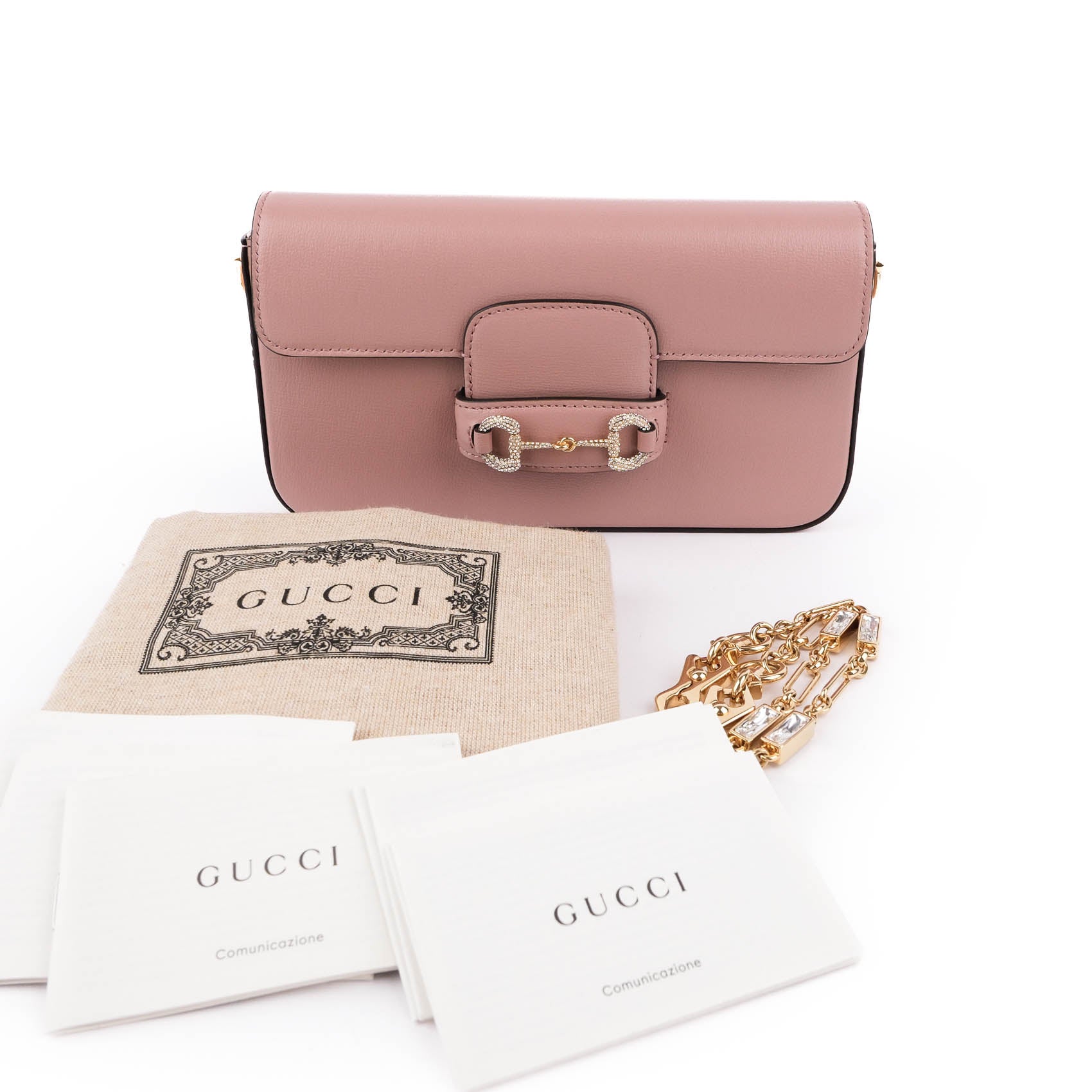 Gucci Horsebit 1955 Mini Chain Flap Bag Pink Leather Crystal Hardware 752002