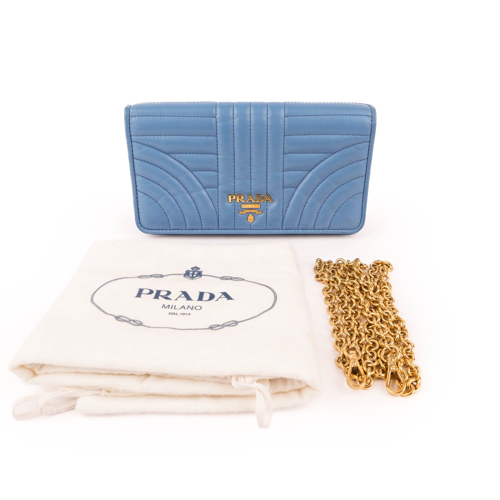 PRADA Diagramme Leather Wallet on Chain (WOC) - Astrale Blue - Model 1ZH044