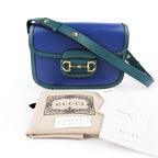Gucci Horsebit 1955 Small Shoulder Bag in Imperial Blue and Pavone Green Leather