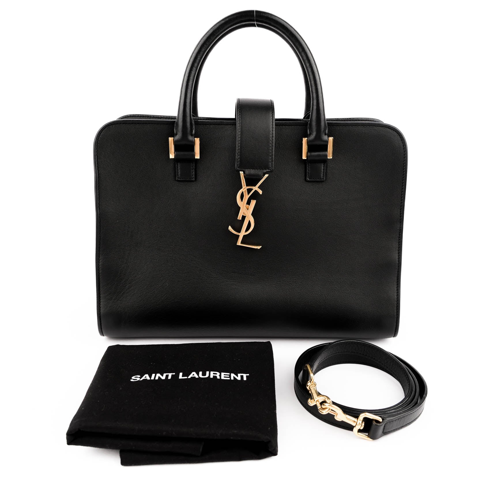 Saint Laurent Paris Monogram Baby Cabas 2-Way Handbag Smooth Leather Black Gold Hardware