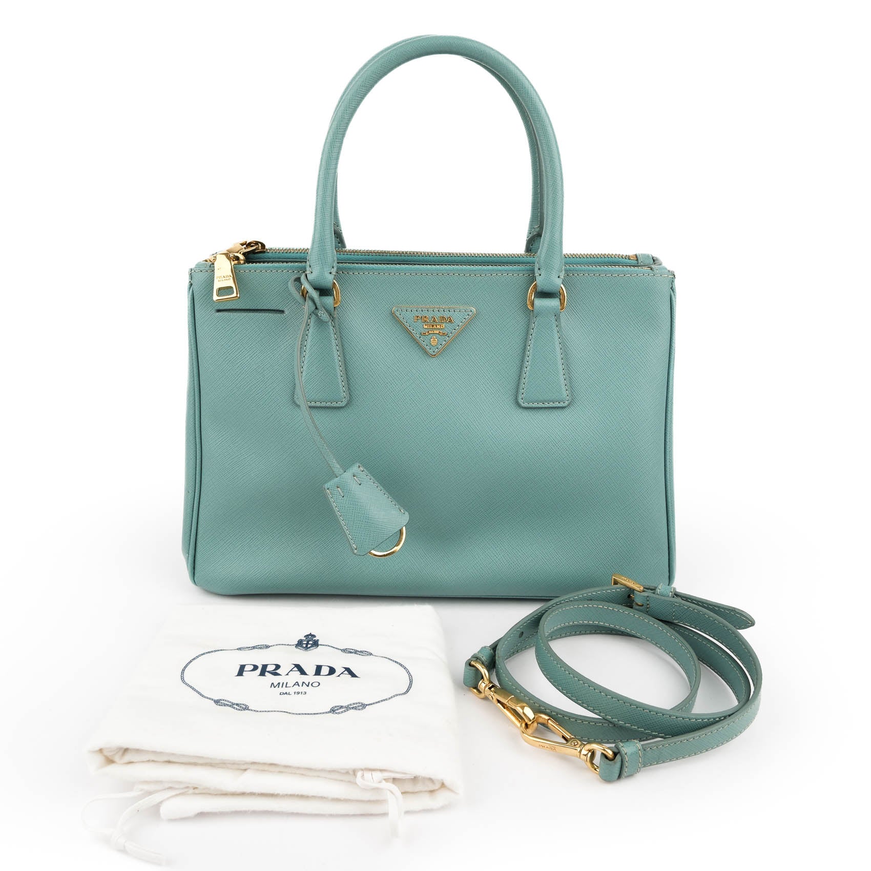 Prada Galleria Medium Saffiano Leather 2-Way Handbag Light Blue Gold Hardware