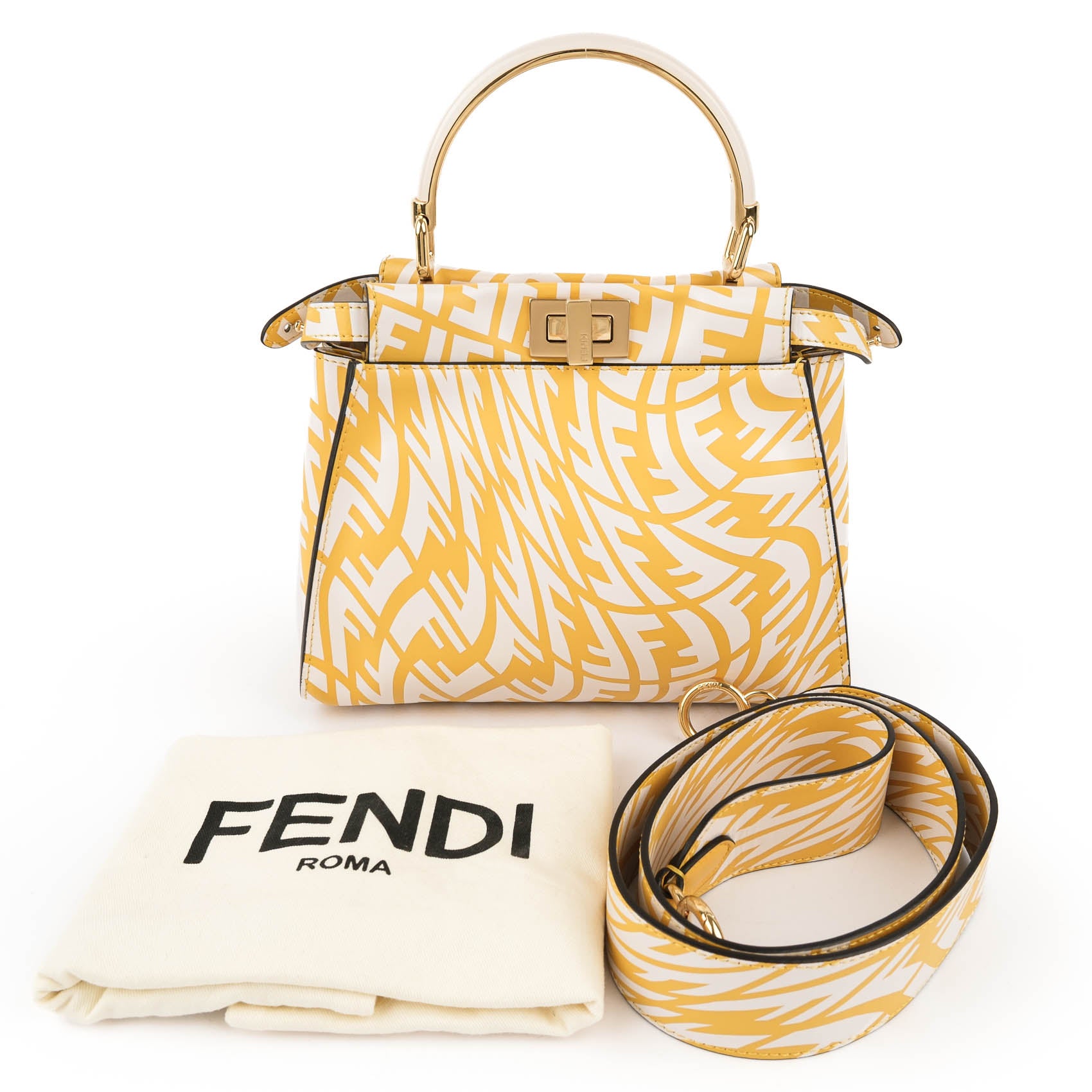 Fendi Mini Peekaboo 8BN244 Yellow White FF Print Leather 2WAY Top Handle Shoulder Bag