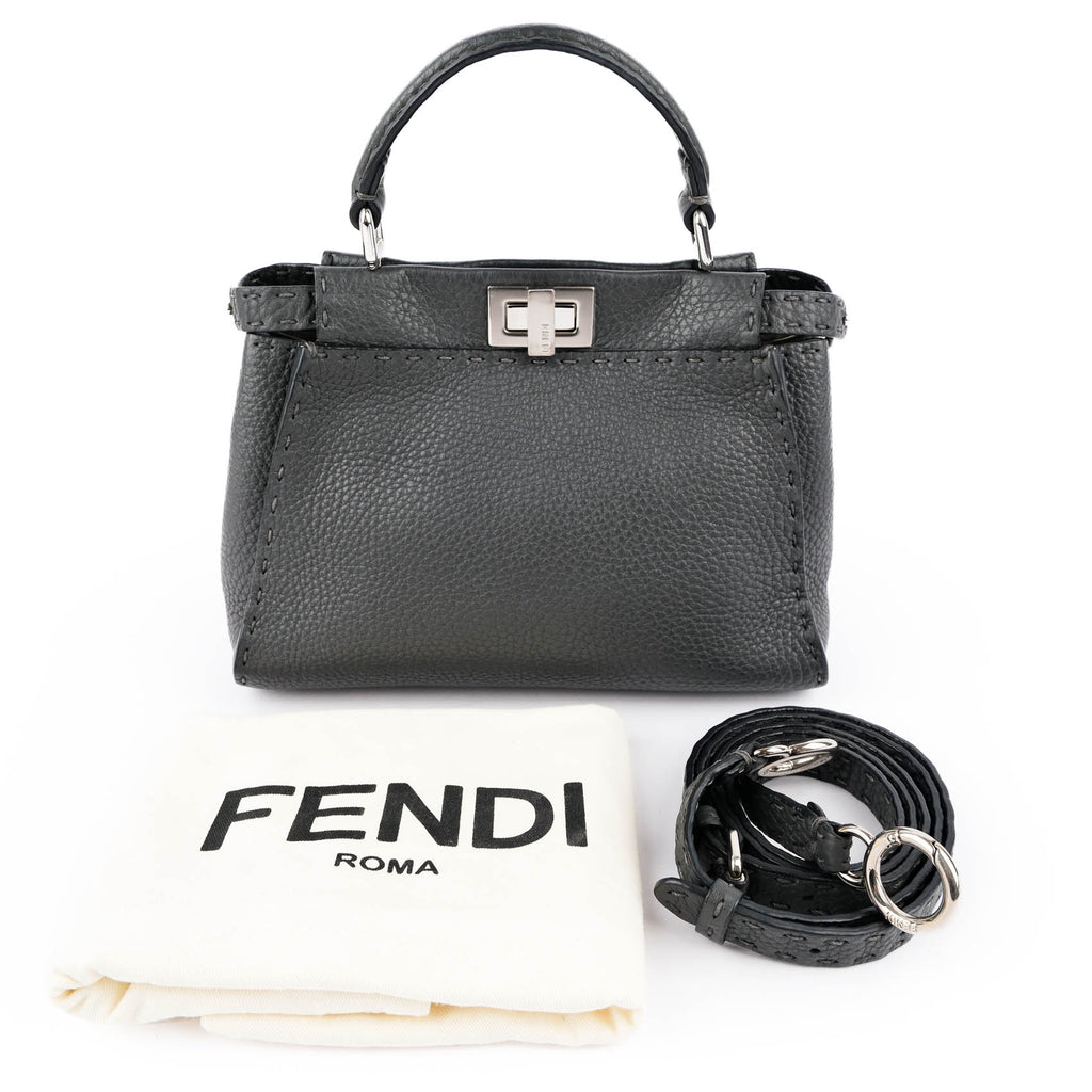 Fendi Selleria Mini Peekaboo 2-Way Handbag Cuoio Roma Leather Gray 8BN244 Silver Hardware