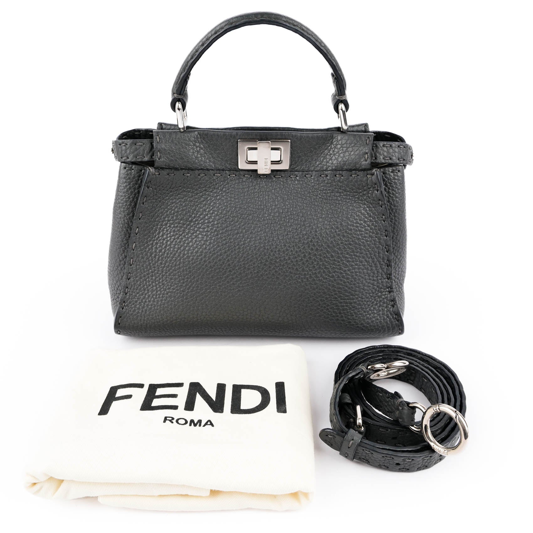 Fendi Selleria Mini Peekaboo 2-Way Handbag Cuoio Roma Leather Gray 8BN244 Silver Hardware