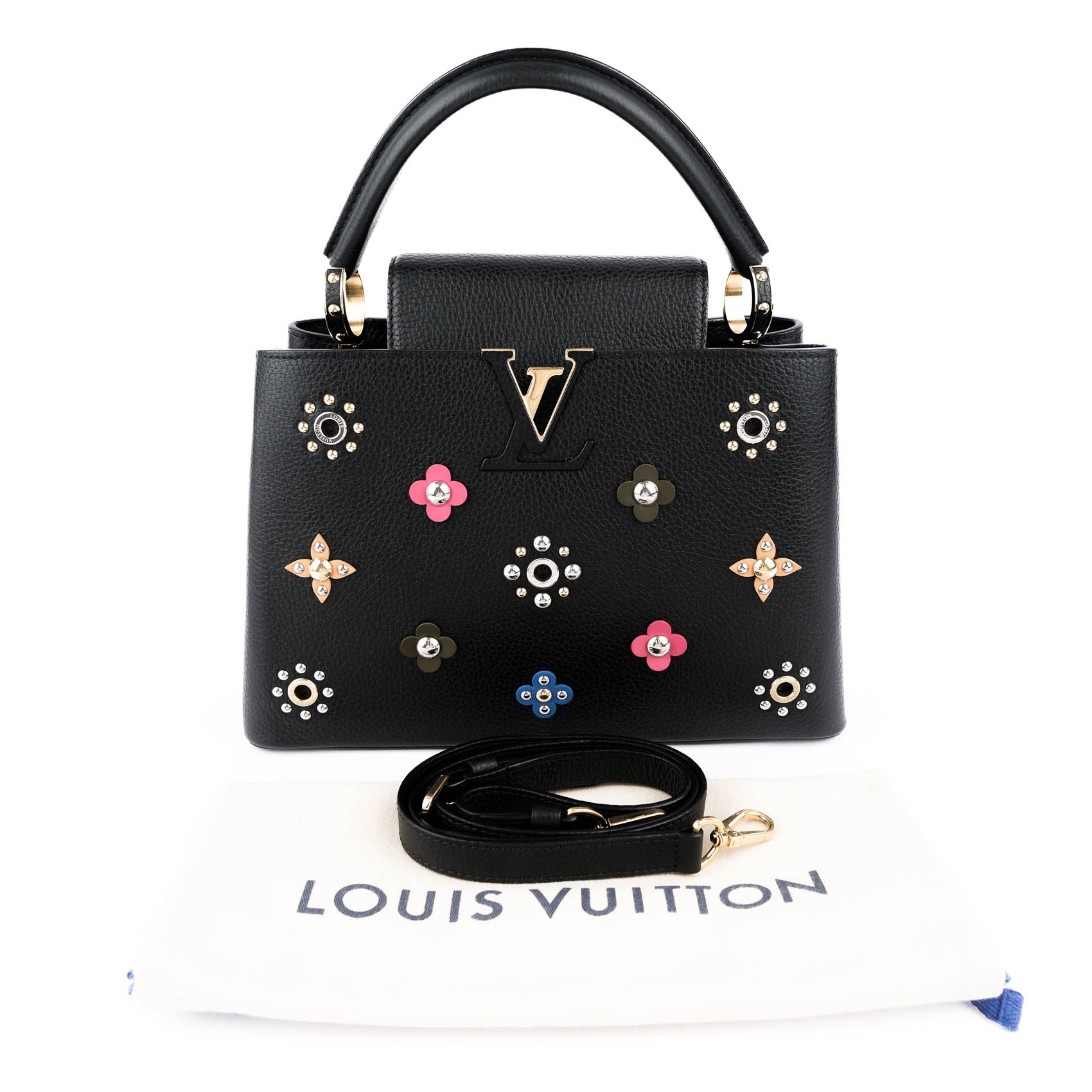 Louis Vuitton Capucines PM M54311 Black Taurillon Leather Monogram Flower Studs 2-Way Handbag RFID