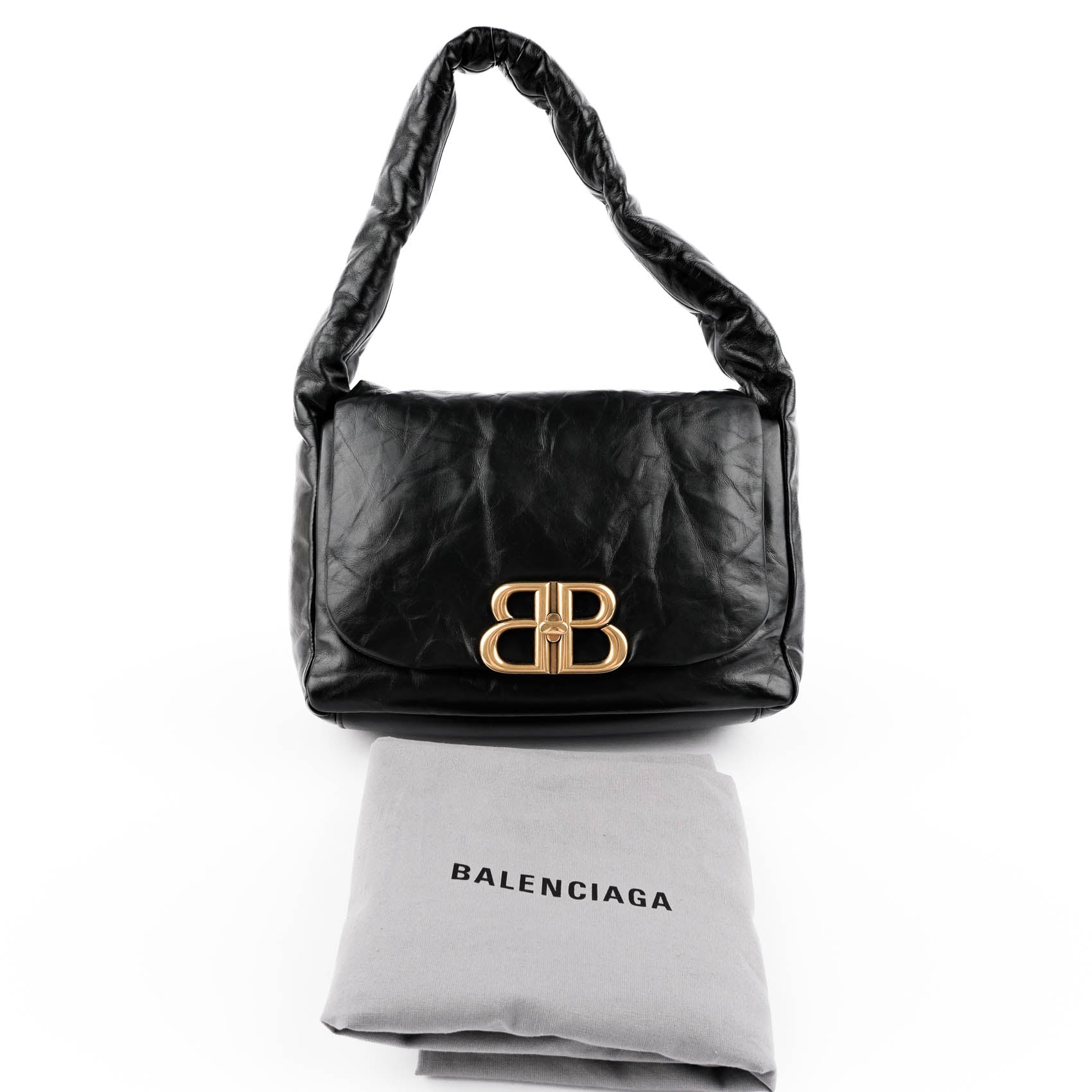 BALENCIAGA Monaco BB Logo Leather Shoulder Bag Black