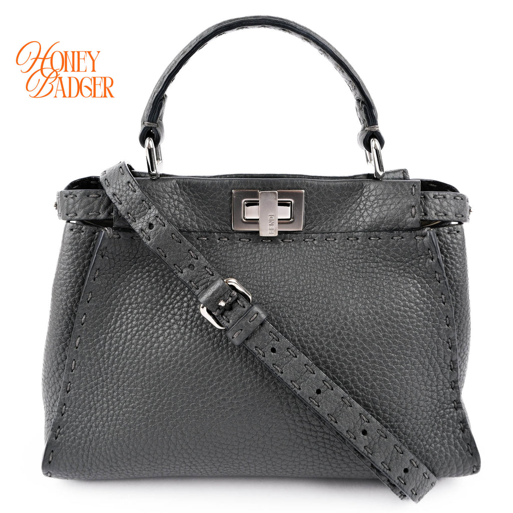 Fendi Selleria Mini Peekaboo 2-Way Handbag Cuoio Roma Leather Gray 8BN244 Silver Hardware