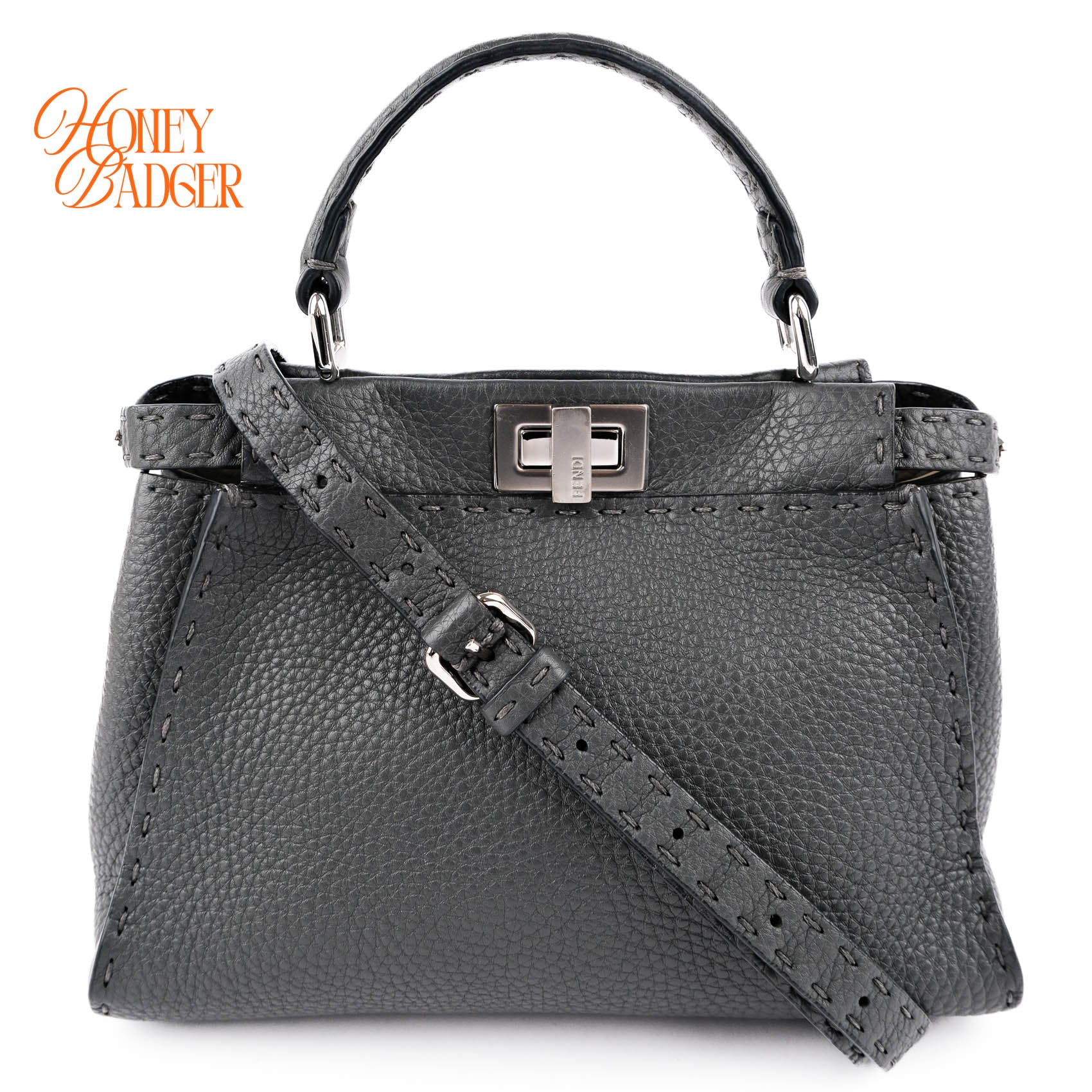 Fendi Selleria Mini Peekaboo 2-Way Handbag Cuoio Roma Leather Gray 8BN244 Silver Hardware