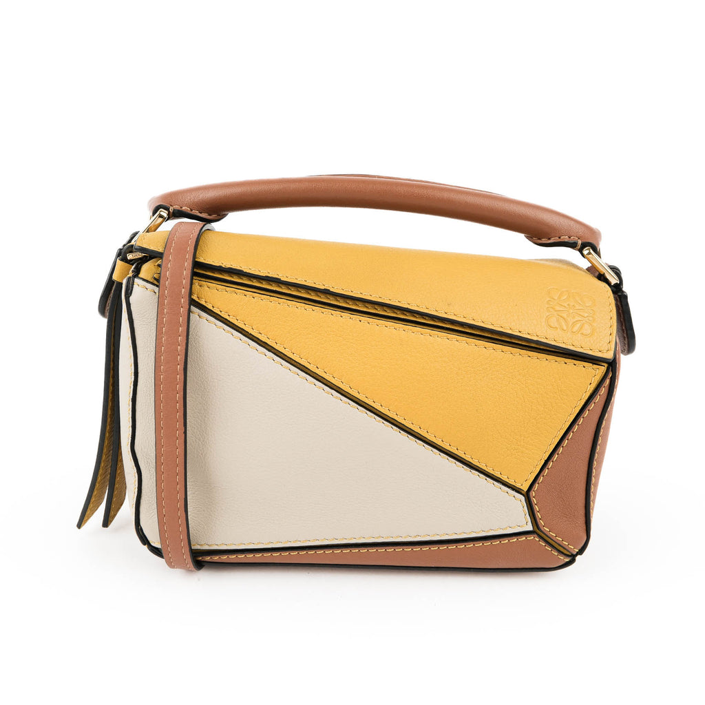 LOEWE Puzzle Bag Mini Brown Yellow Leather 2Way Shoulder Crossbody Handbag