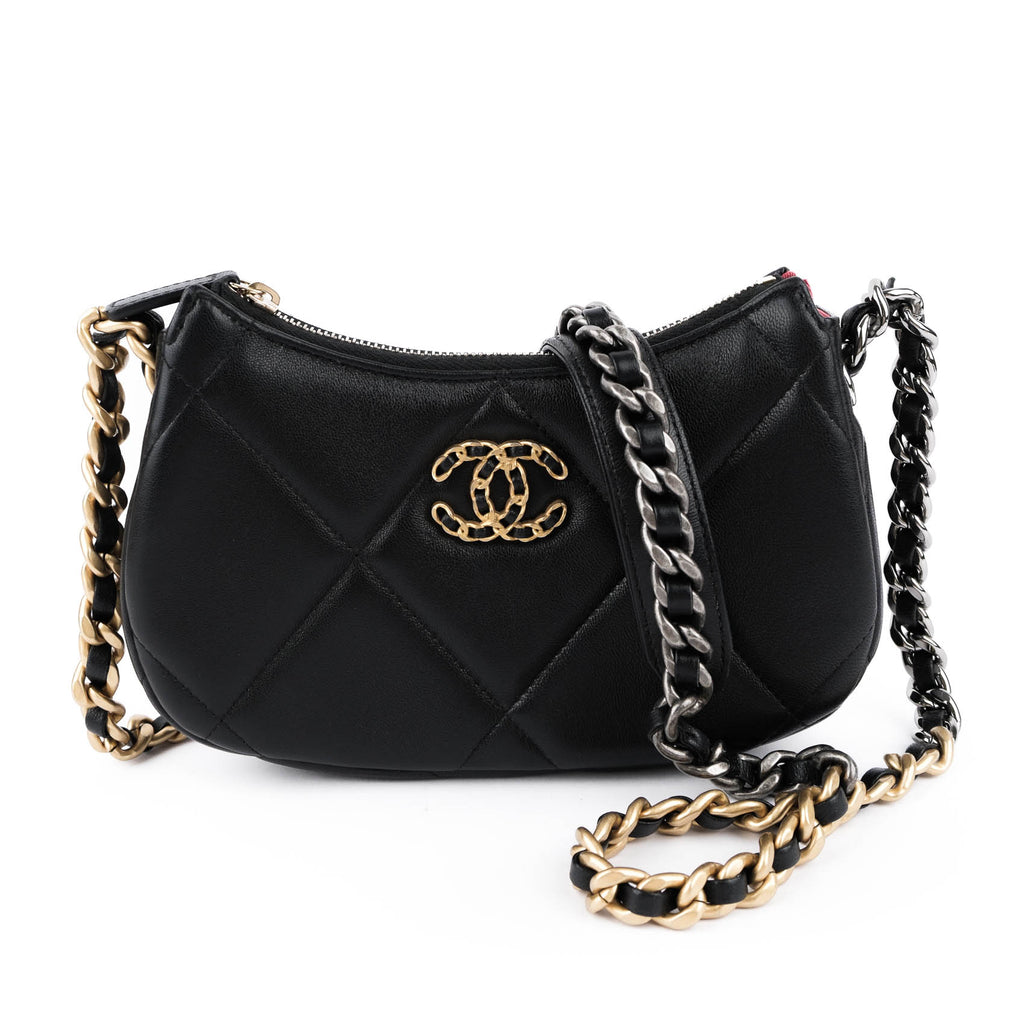 CHANEL 19 Small Zip Chain Shoulder Bag Black Lambskin Mixed Metal Hardware RFID Full Set