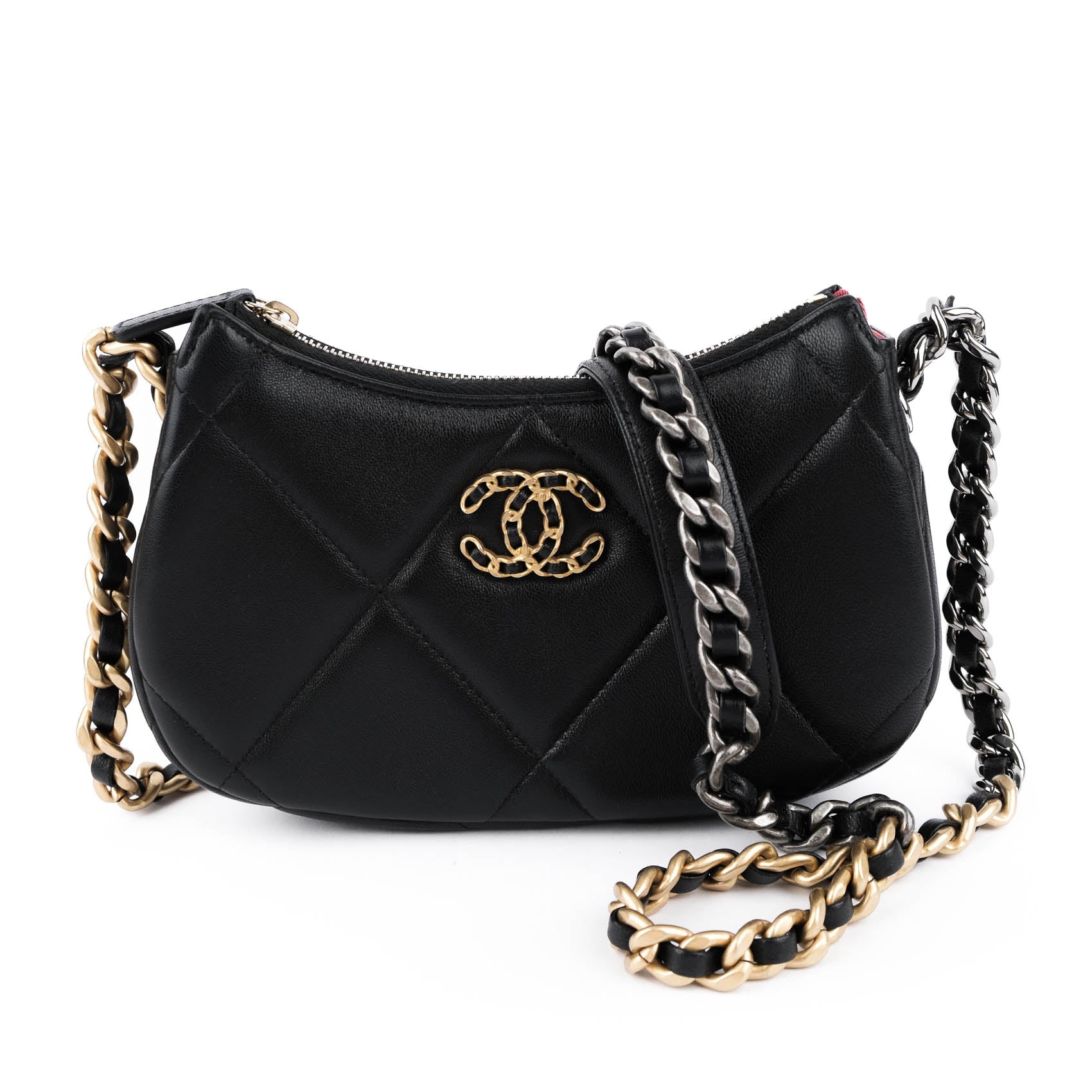 CHANEL 19 Small Zip Chain Shoulder Bag Black Lambskin Mixed Metal Hardware RFID Full Set