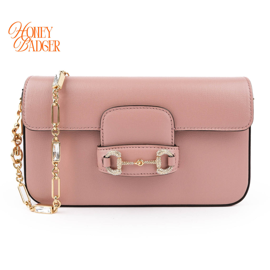 Gucci Horsebit 1955 Mini Chain Flap Bag Pink Leather Crystal Hardware 752002