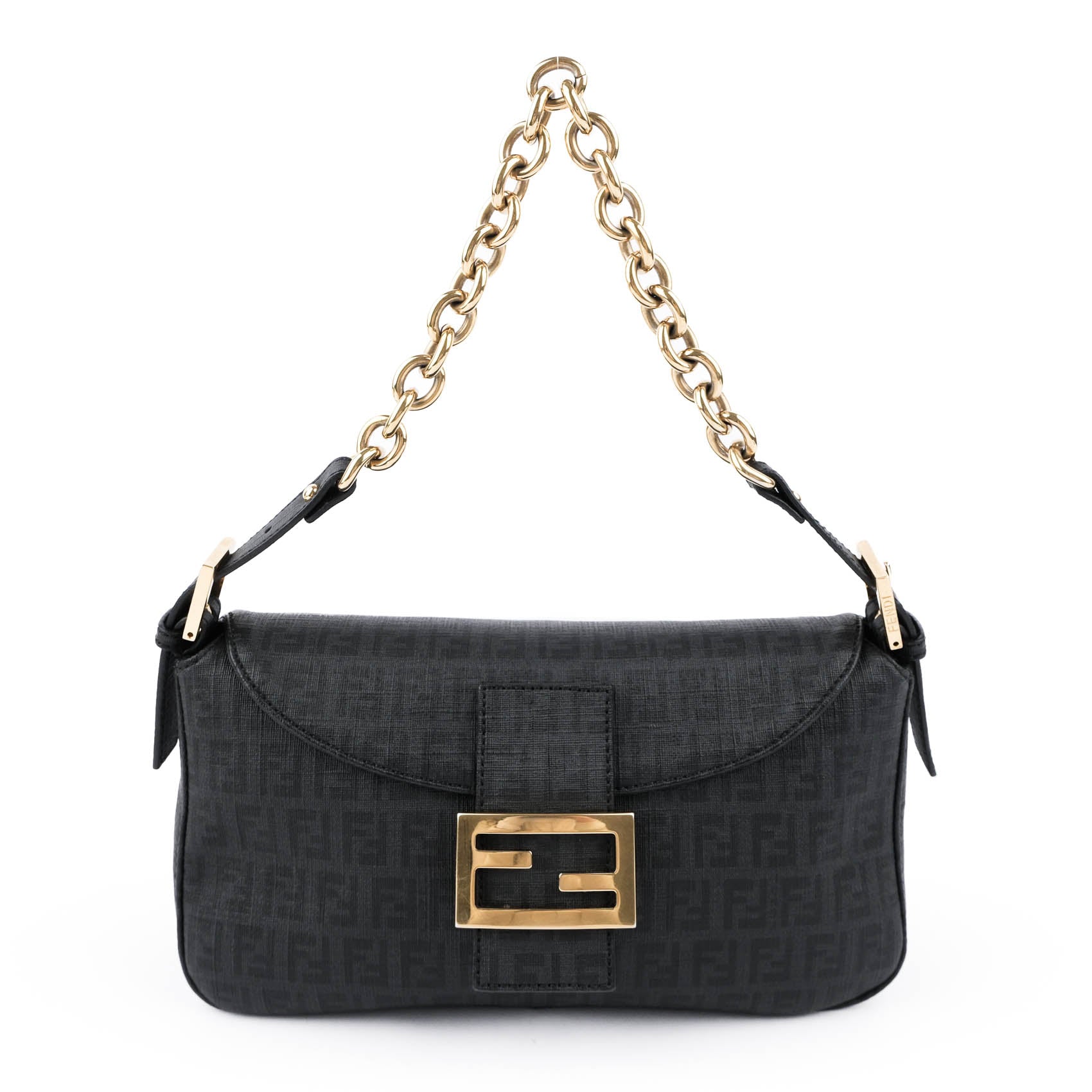 Fendi Baguette Medium — Black Zucca PVC with Gold Chain 8BR600