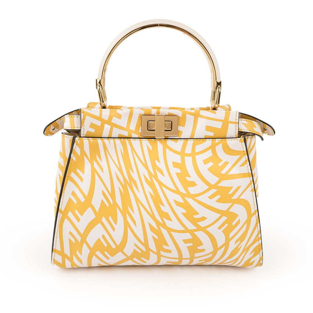 Fendi Mini Peekaboo 8BN244 Yellow White FF Print Leather 2WAY Top Handle Shoulder Bag