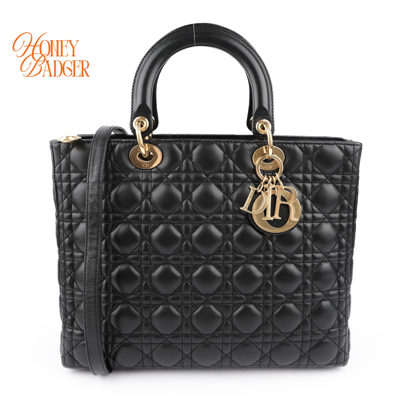 Christian Dior Lady Dior Large Cannage Black Lambskin Gold Hardware 2WAY Bag