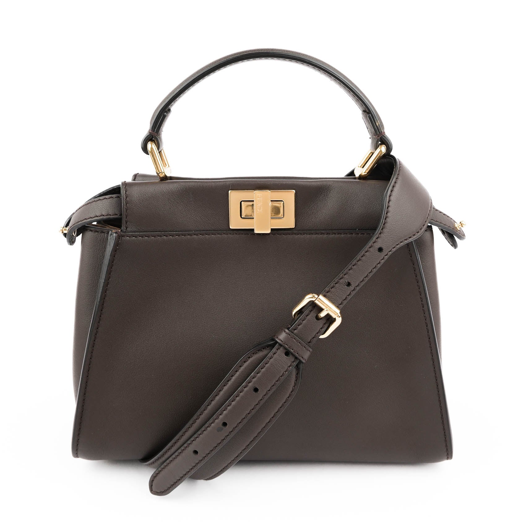 Fendi Peekaboo Mini 2way Handbag Smooth Leather Dark Brown Gold Hardware 8BN244